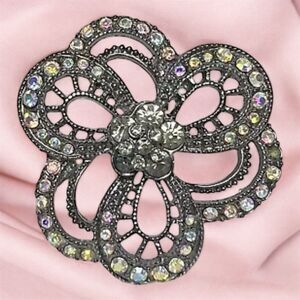 Vintage Aurora Borealis Crystal Floral Brooch – 2 Inches – Sparkling Rhinestone